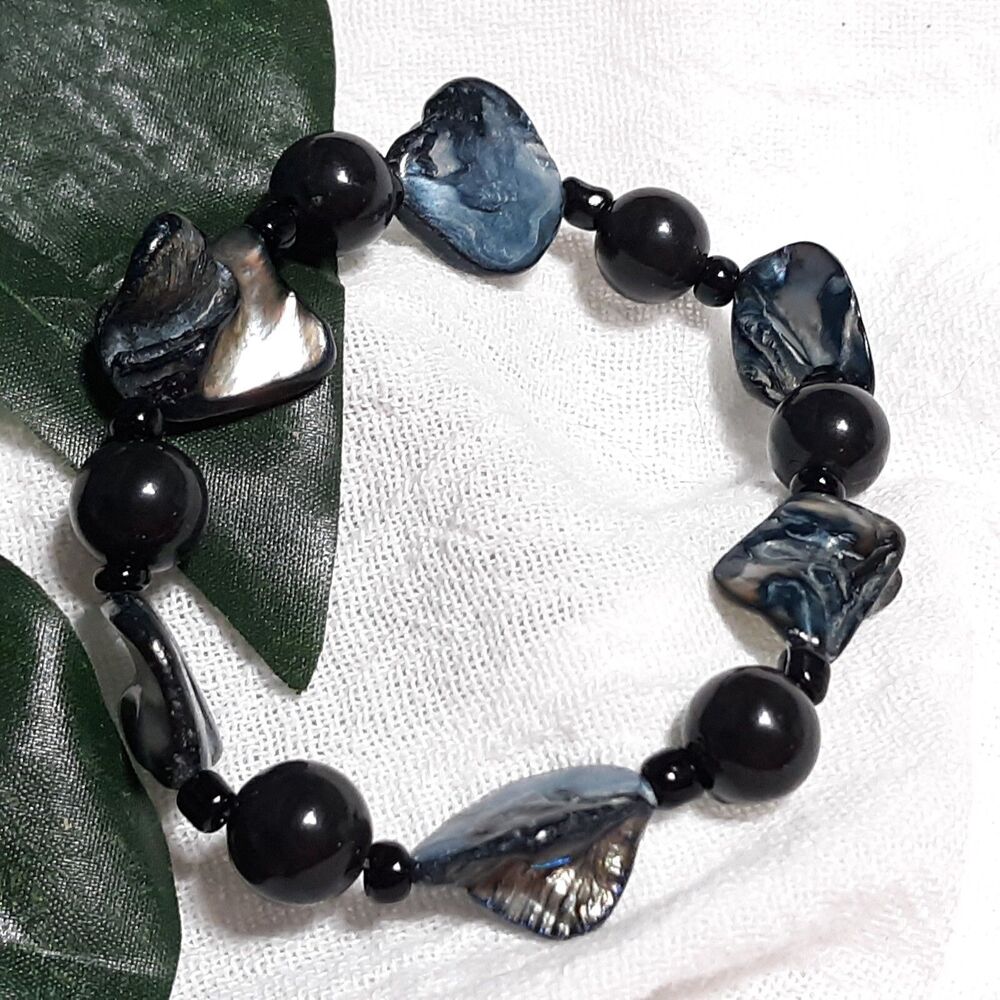 Large Chunky Black Blue Beaded Bracelet Fashion Costume Jewelry Stretchy Elastic